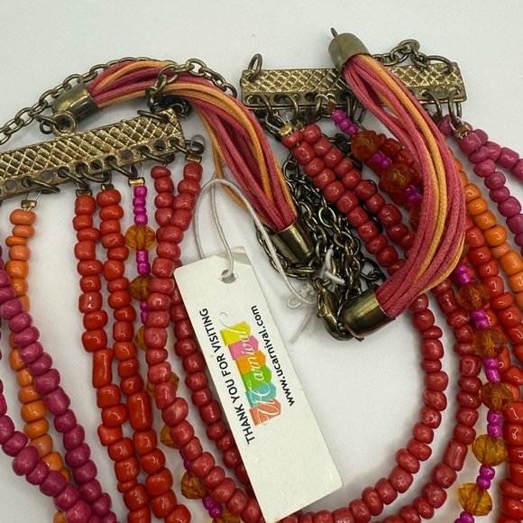 Multi strand Beaded Glass Acrylic Statement Necklace Boho Pre Owned - Picture 6 of 8